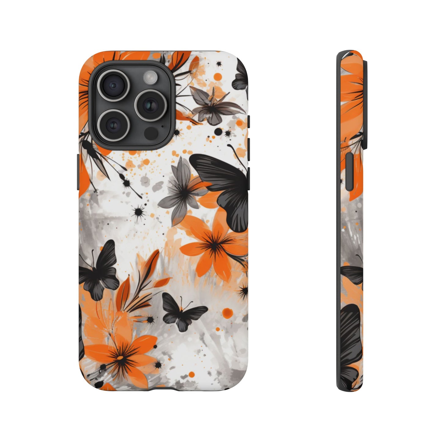 Bold Butterfly & Floral Splash Mobile Cover – Black & Orange Aesthetic