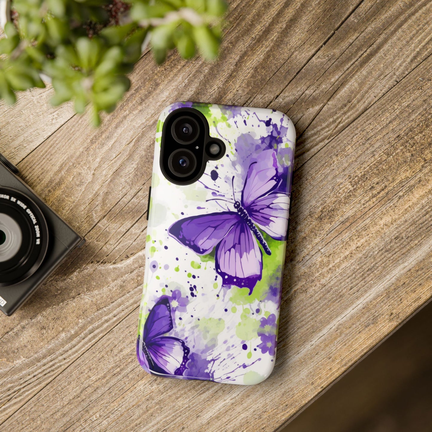 Vibrant Purple Butterfly Splash Mobile Cover – Artistic Green & Violet Aesthetic