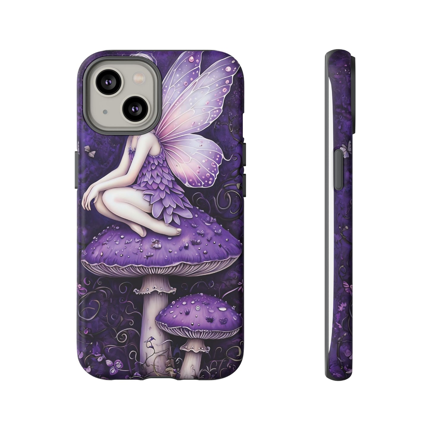 Whimsical Fairy Seated On Purple Mushroom In Enchanting Scene phone case design.