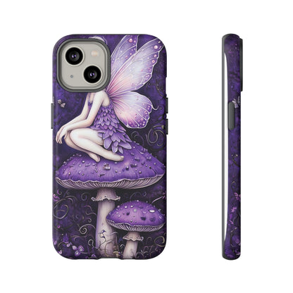 Whimsical Fairy Seated On Purple Mushroom In Enchanting Scene phone case design.