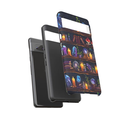 Fantasy Seamless Pattern Of Wooden Shelves Filled With Mystical Items phone case design.