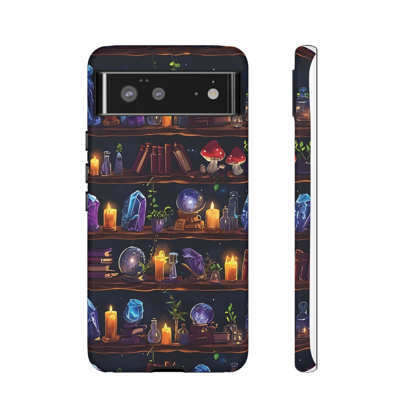 Fantasy Seamless Pattern Of Wooden Shelves Filled With Mystical Items phone case design.
