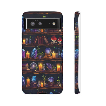 Fantasy Seamless Pattern Of Wooden Shelves Filled With Mystical Items phone case design.