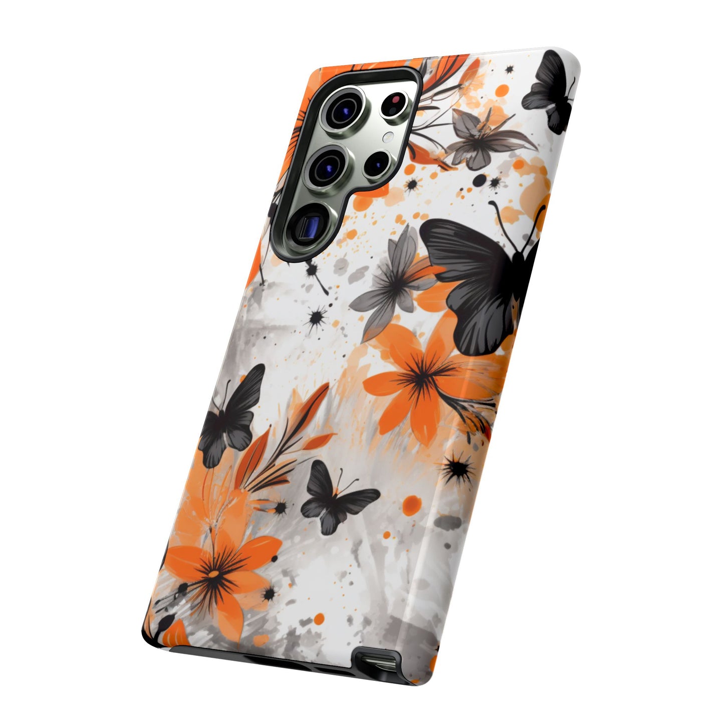 Bold Butterfly & Floral Splash Mobile Cover – Black & Orange Aesthetic
