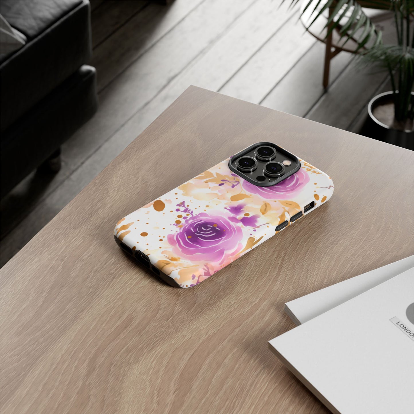 Purple Bloom Watercolor Mobile Case – Artistic Elegance in Gold & Lilac