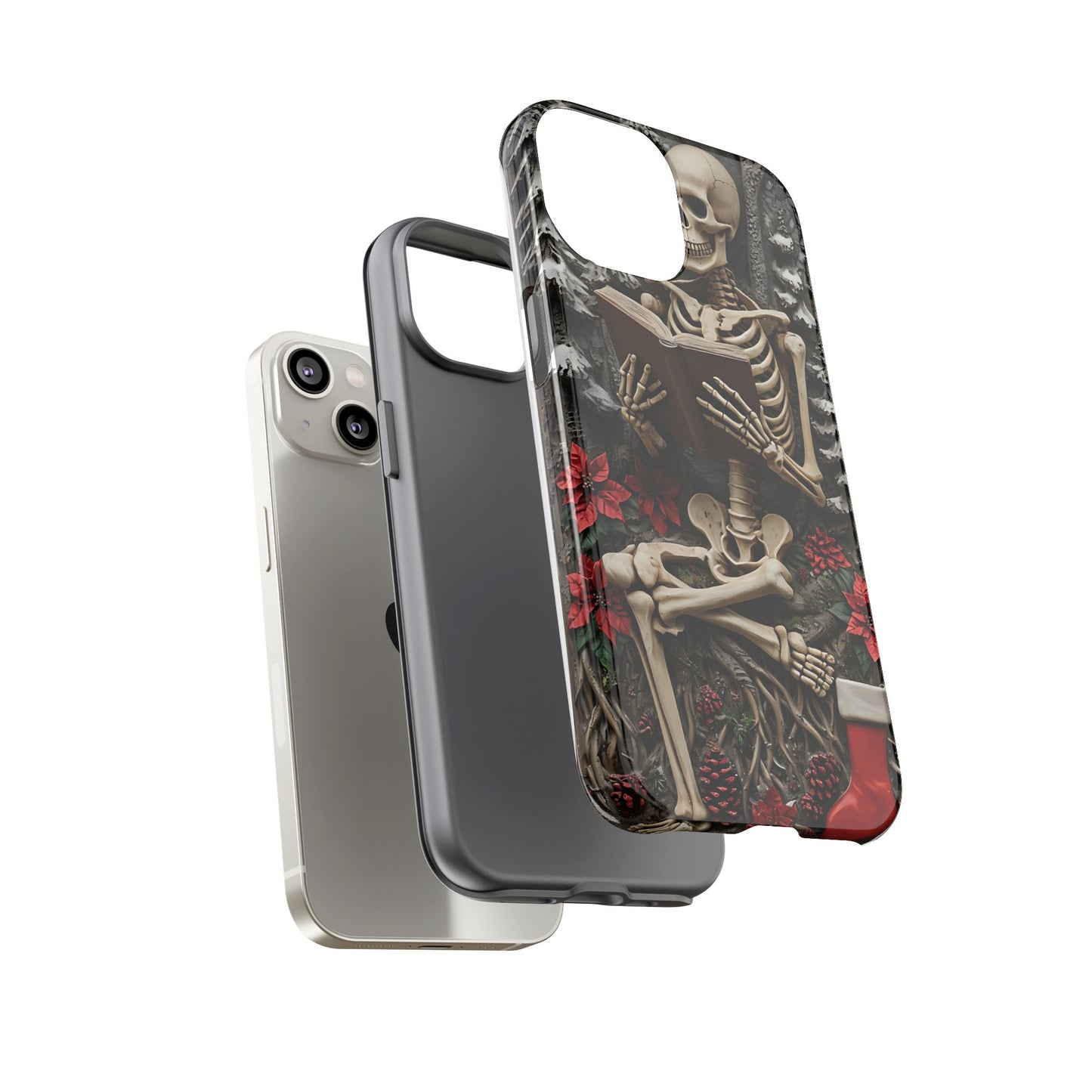 Surreal Relief Sculpture of Skeleton Reading Amidst Festive Decor phone case design