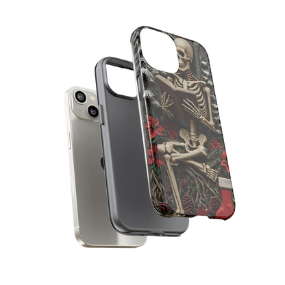 Surreal Relief Sculpture of Skeleton Reading Amidst Festive Decor phone case design