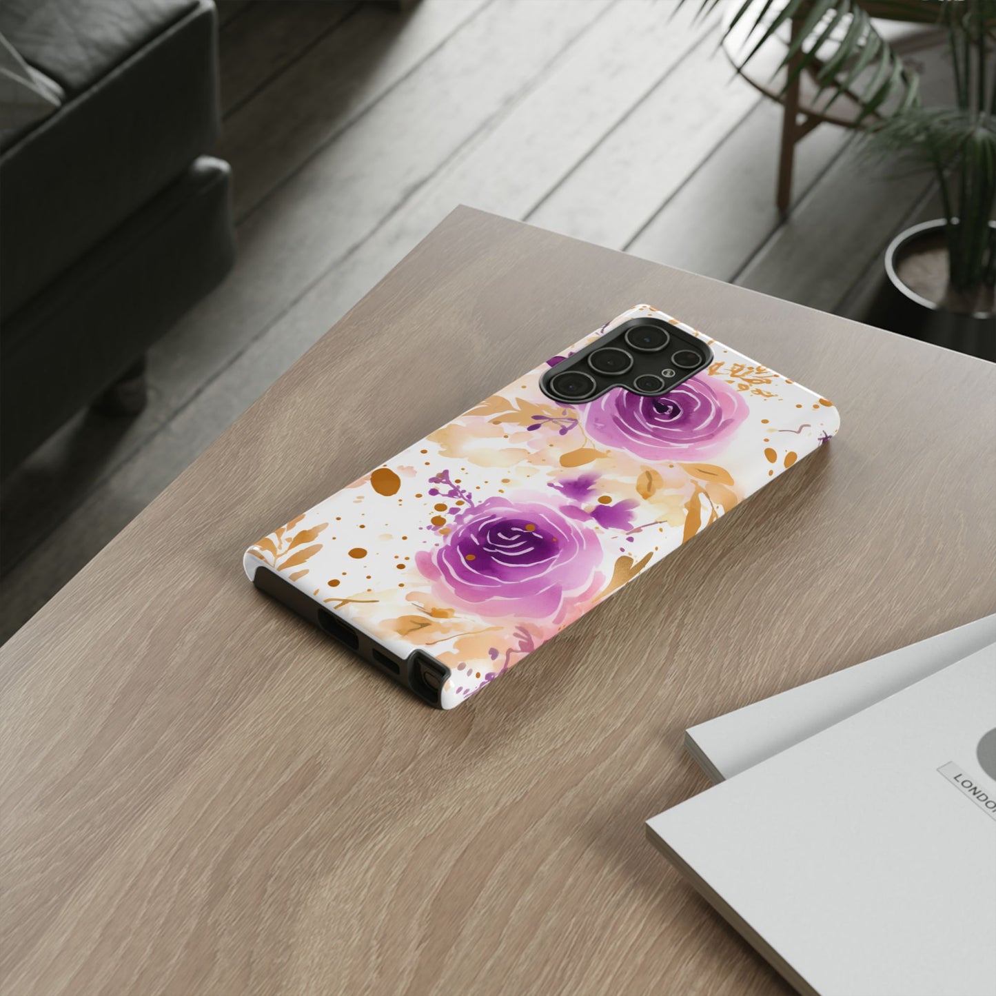 Purple Bloom Watercolor Mobile Case – Artistic Elegance in Gold & Lilac