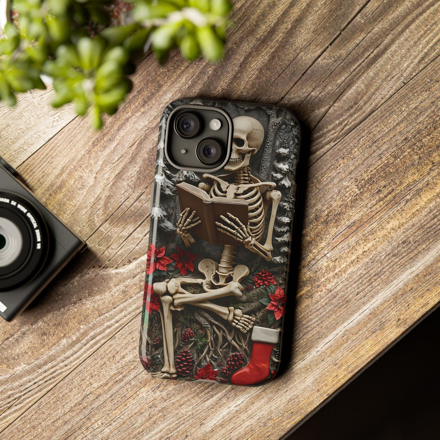 Surreal Relief Sculpture of Skeleton Reading Amidst Festive Decor phone case design