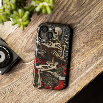 Surreal Relief Sculpture of Skeleton Reading Amidst Festive Decor phone case design