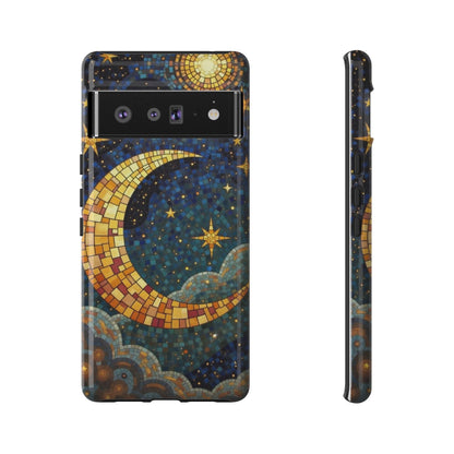 Golden Crescent: Mosaic Moon and Starry Night