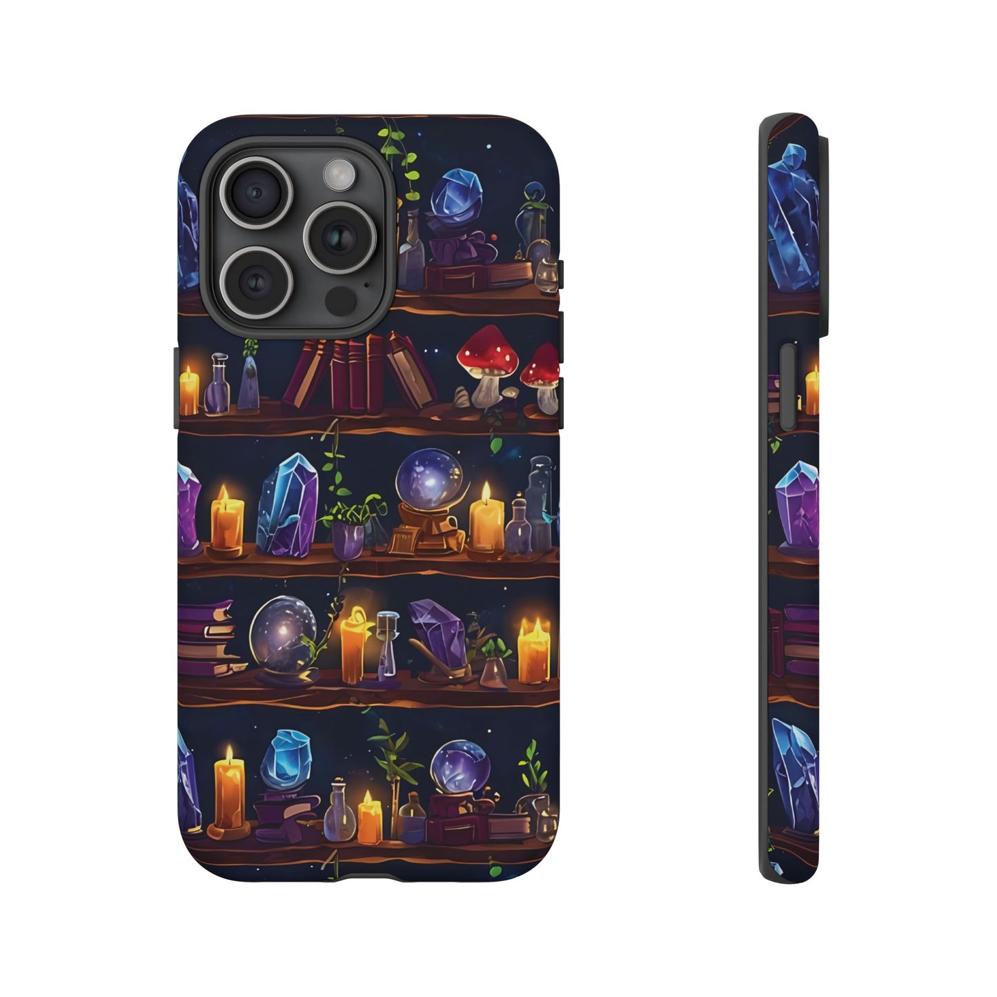 Fantasy Seamless Pattern Of Wooden Shelves Filled With Mystical Items phone case design.