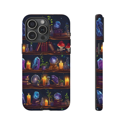 Fantasy Seamless Pattern Of Wooden Shelves Filled With Mystical Items phone case design.