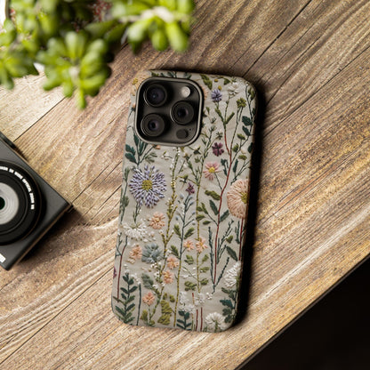 Intricate Embroidery Artwork Featuring Botanical Elements On Beige phone case design.