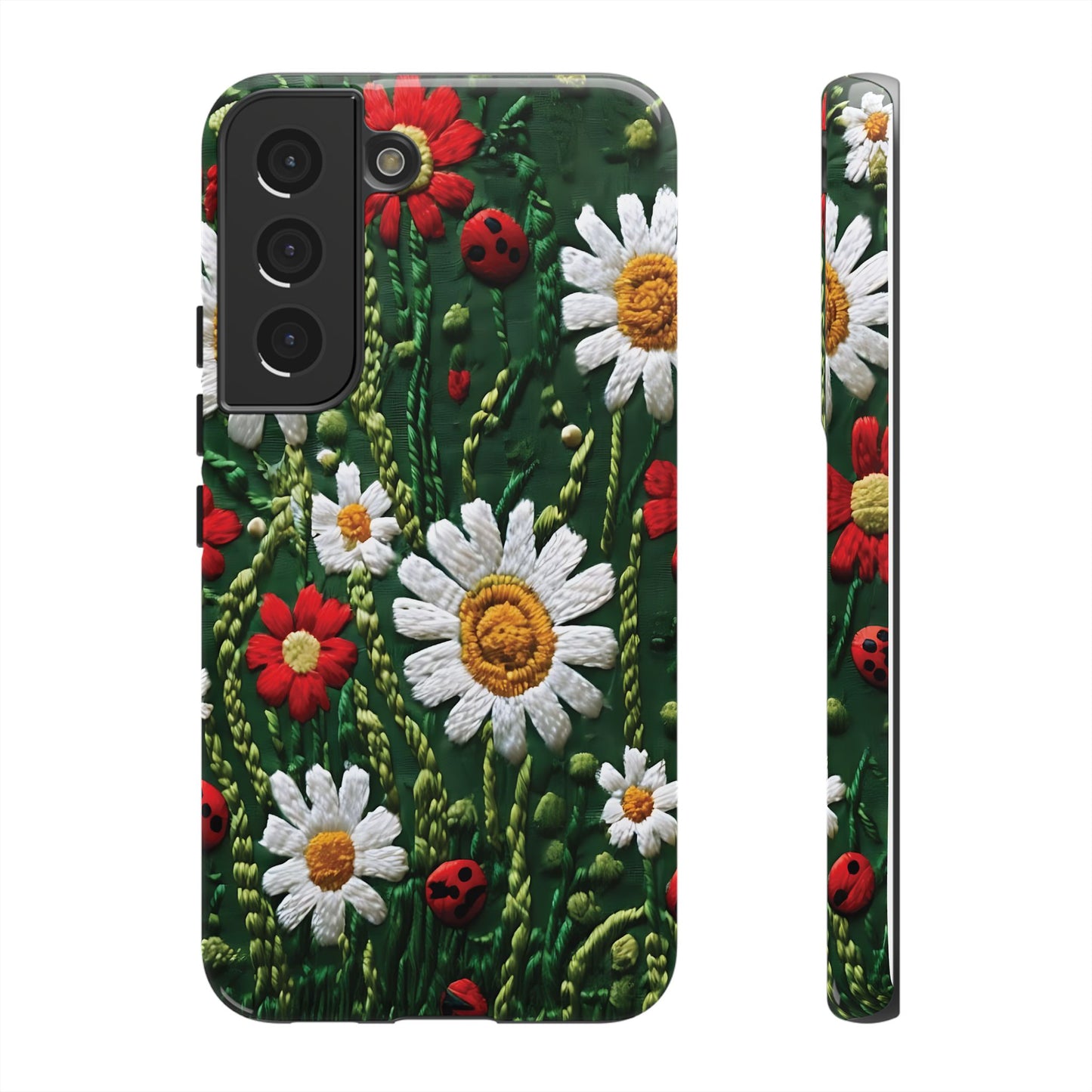 Intricate Embroidered Fabric Featuring Daisies And Ladybugs phone case design