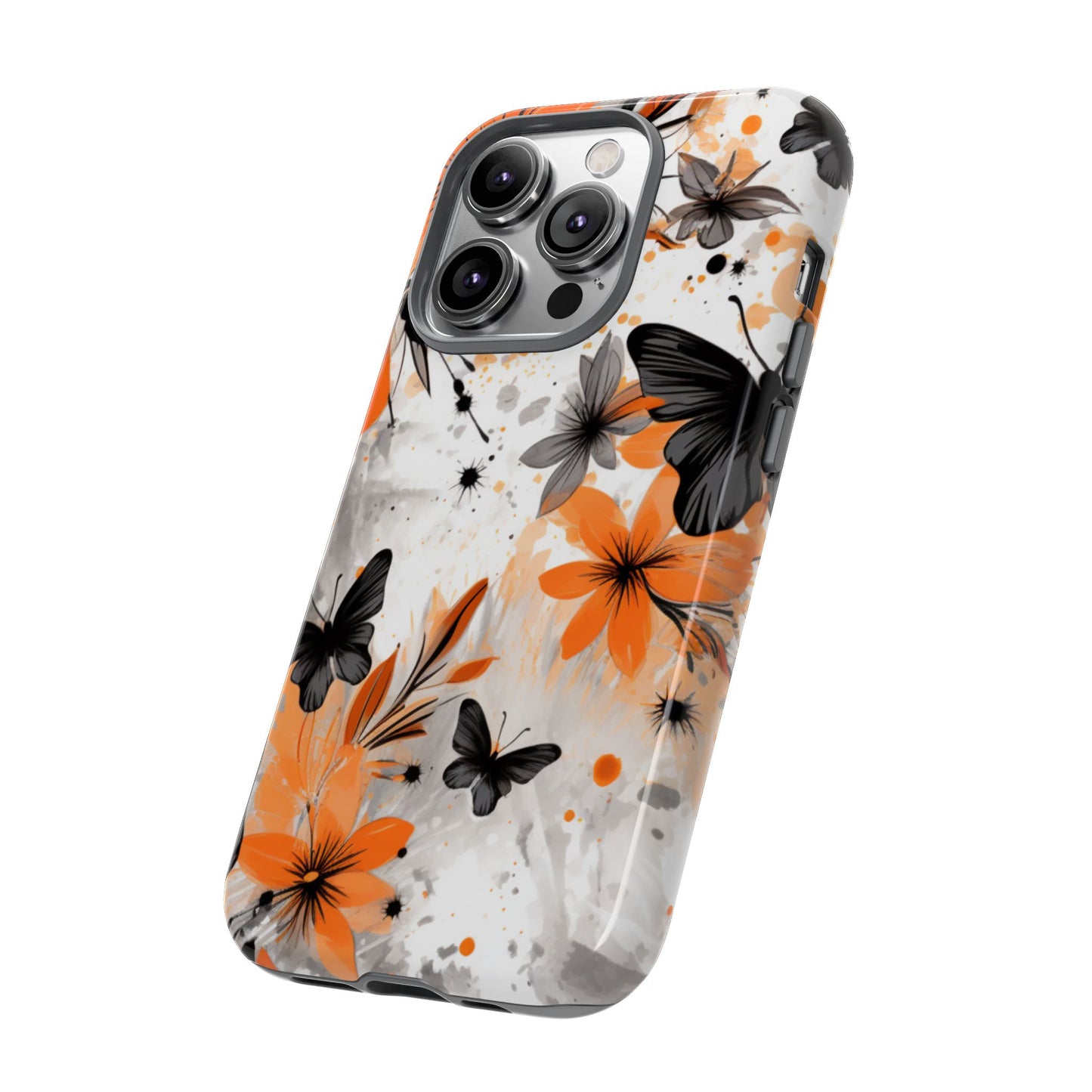 Bold Butterfly & Floral Splash Mobile Cover – Black & Orange Aesthetic