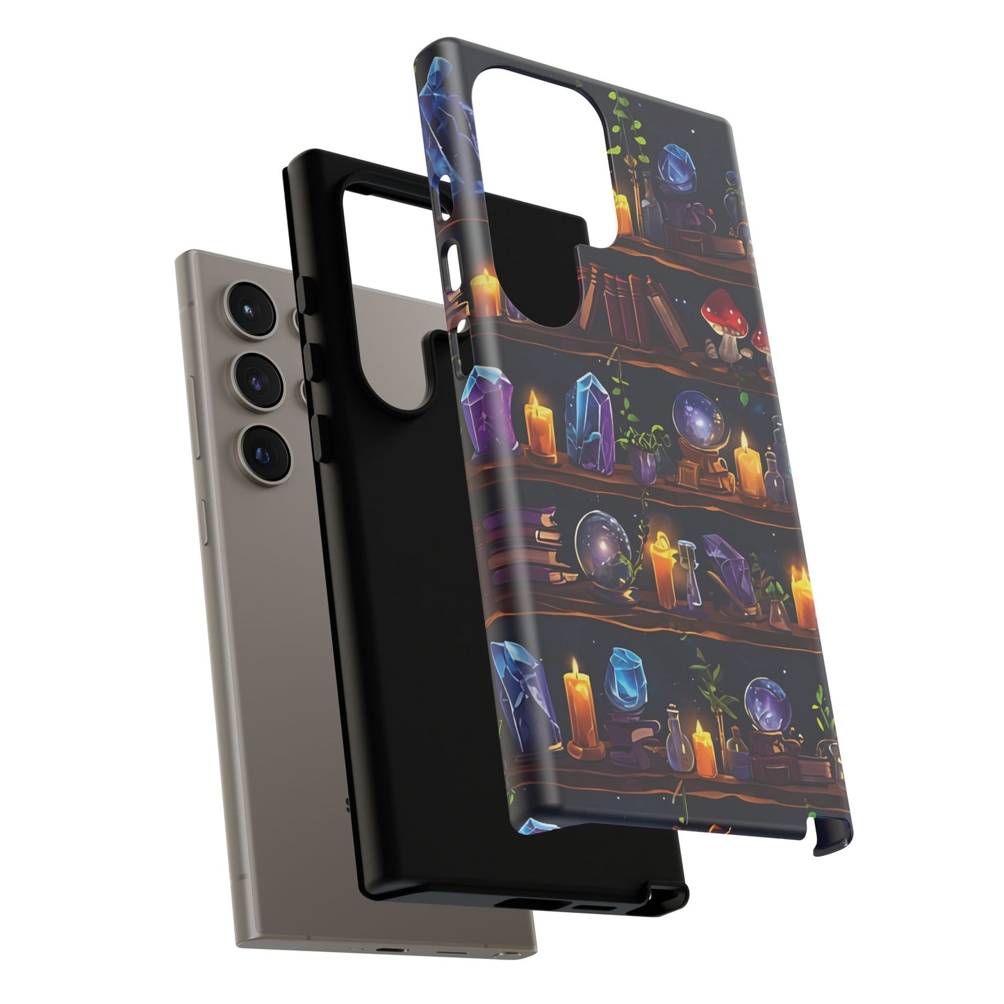 Fantasy Seamless Pattern Of Wooden Shelves Filled With Mystical Items phone case design.