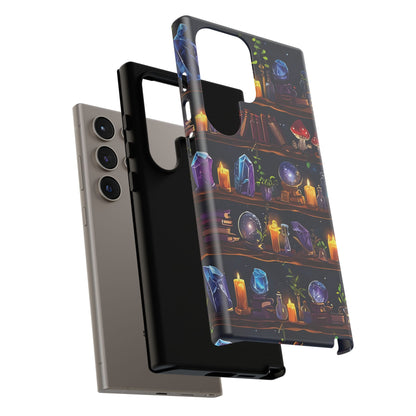 Fantasy Seamless Pattern Of Wooden Shelves Filled With Mystical Items phone case design.