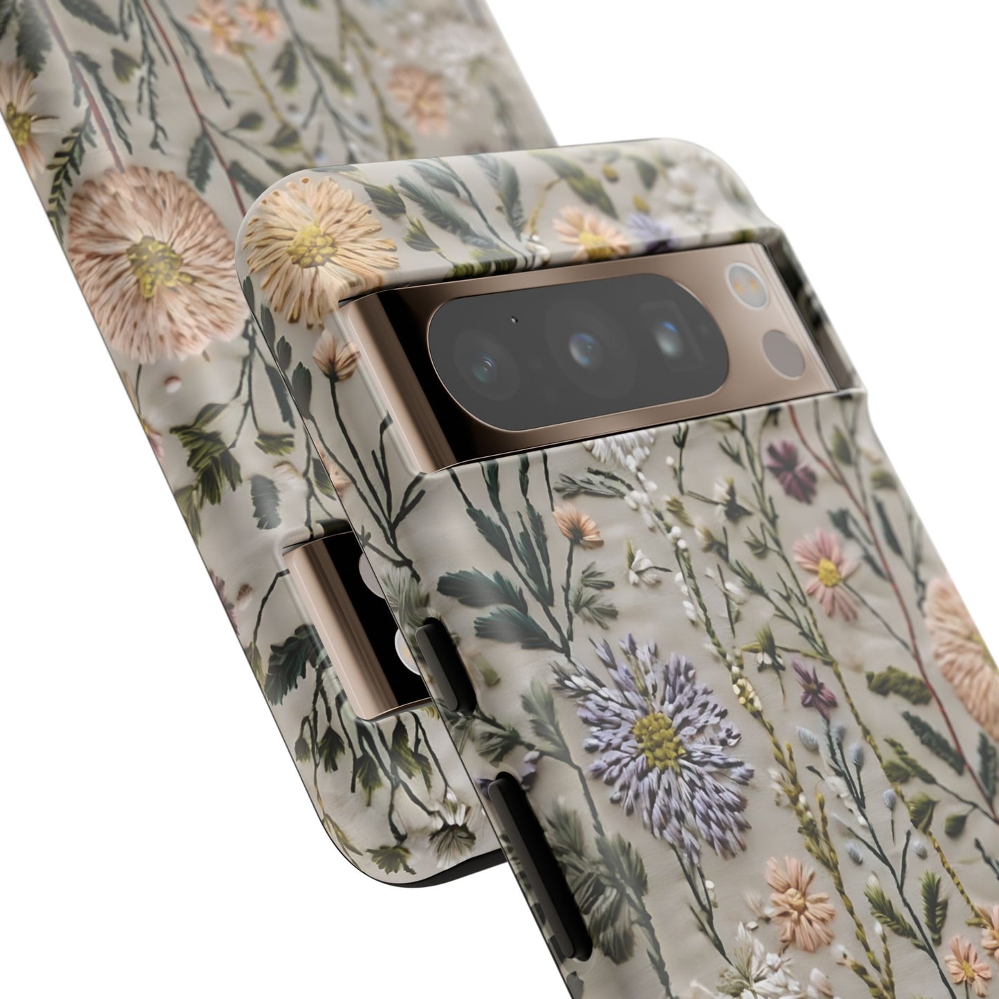 Intricate Embroidery Artwork Featuring Botanical Elements On Beige phone case design.