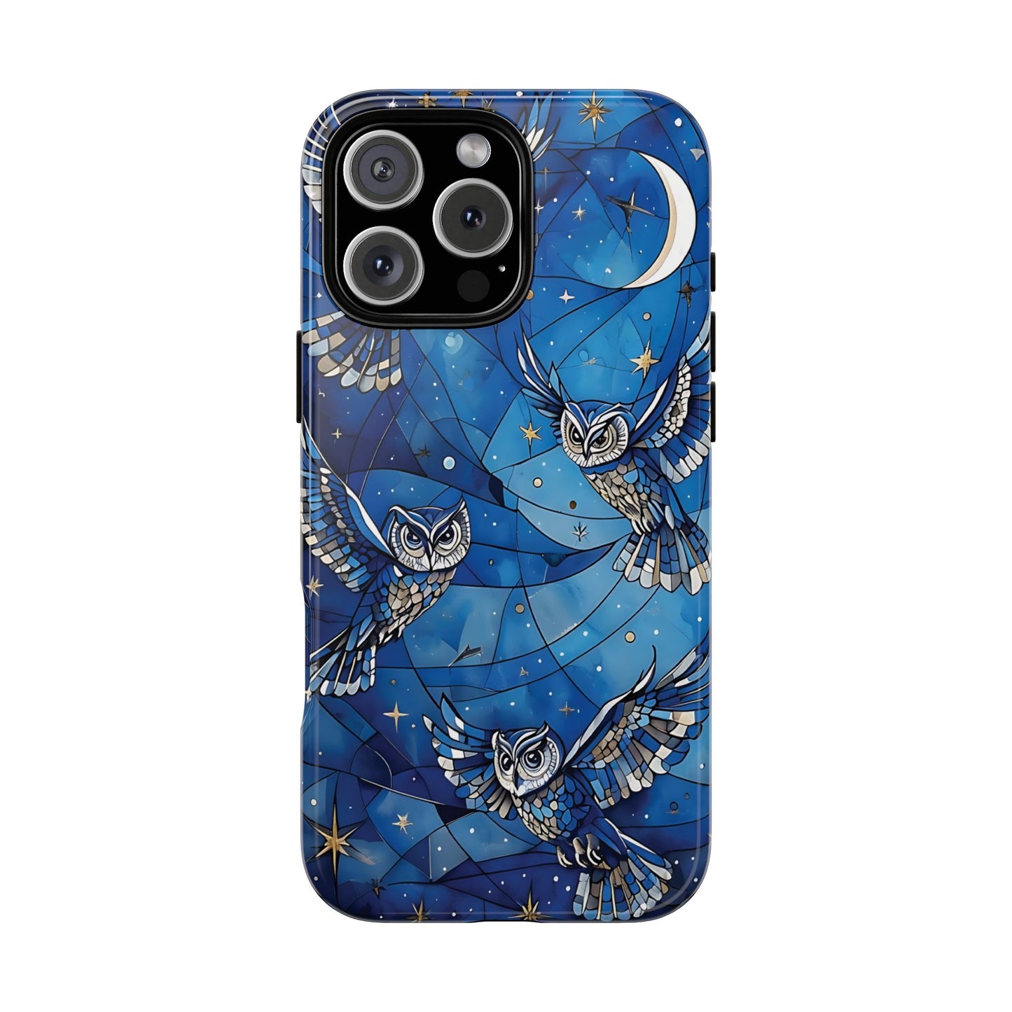 Surrealistic Owls Soaring Through A Celestial Night Sky phone case design.
