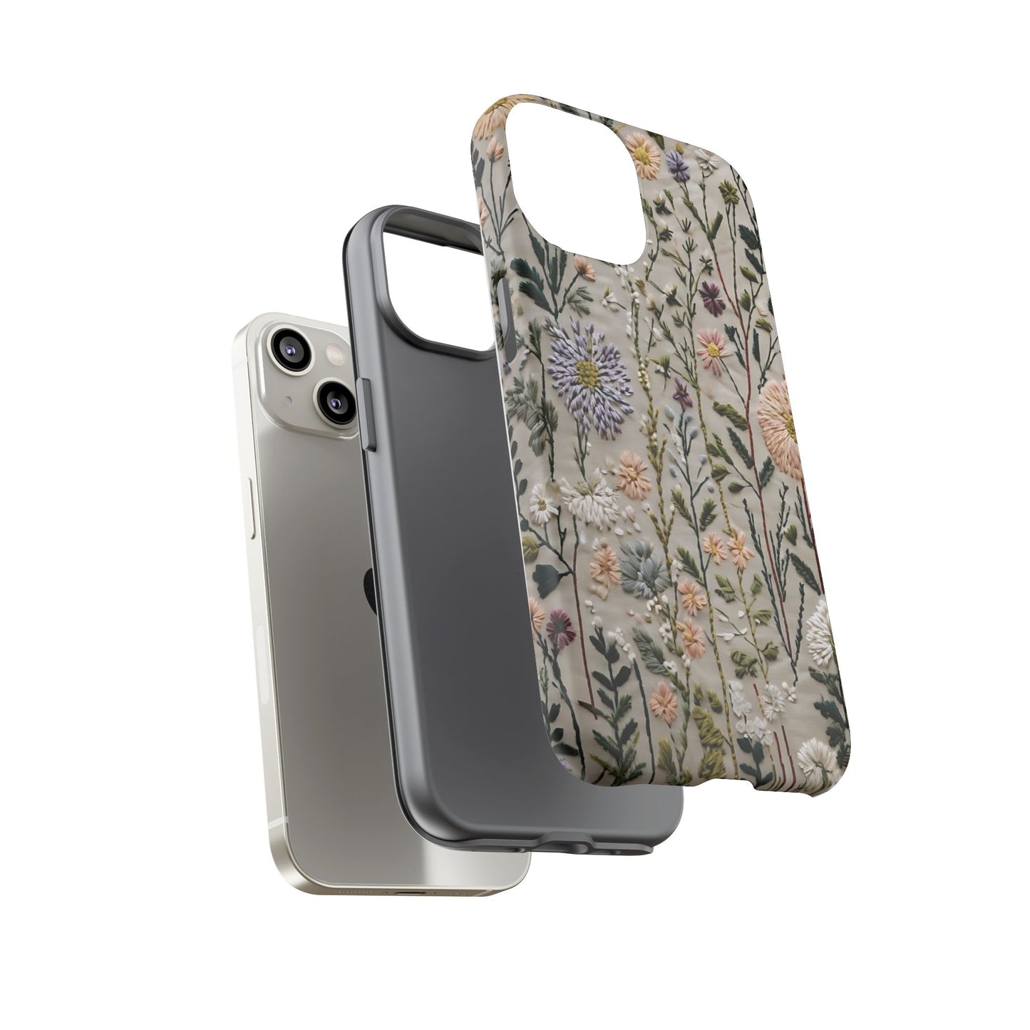 Intricate Embroidery Artwork Featuring Botanical Elements On Beige phone case design.