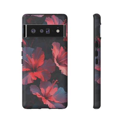 Vibrant red and pink hibiscus flowers blooming against a dark background| Floral phone case design