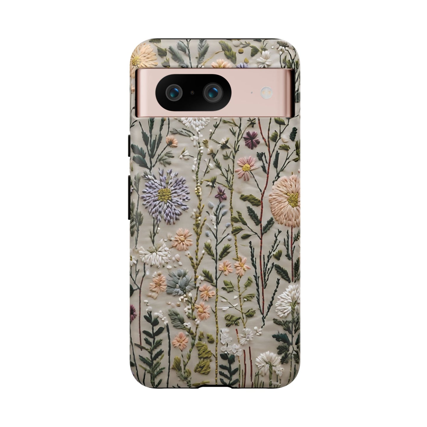 Intricate Embroidery Artwork Featuring Botanical Elements On Beige phone case design.
