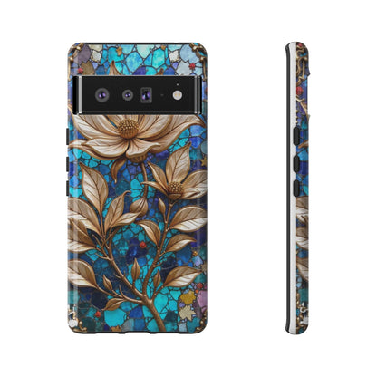Golden Blossoms on Mosaic Blue Elegance