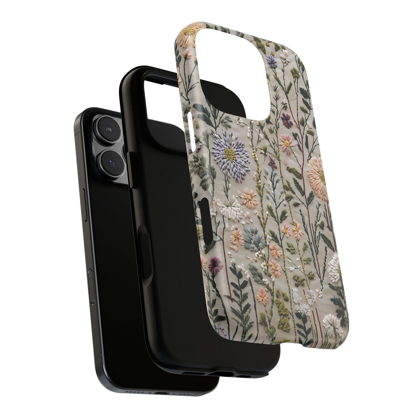Intricate Embroidery Artwork Featuring Botanical Elements On Beige phone case design.