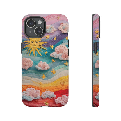 Whimsical Fiber Art Sky Scene With Dynamic Stripes And Clouds phone case design.