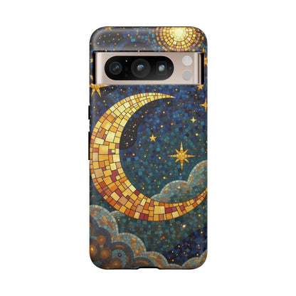Golden Crescent: Mosaic Moon and Starry Night