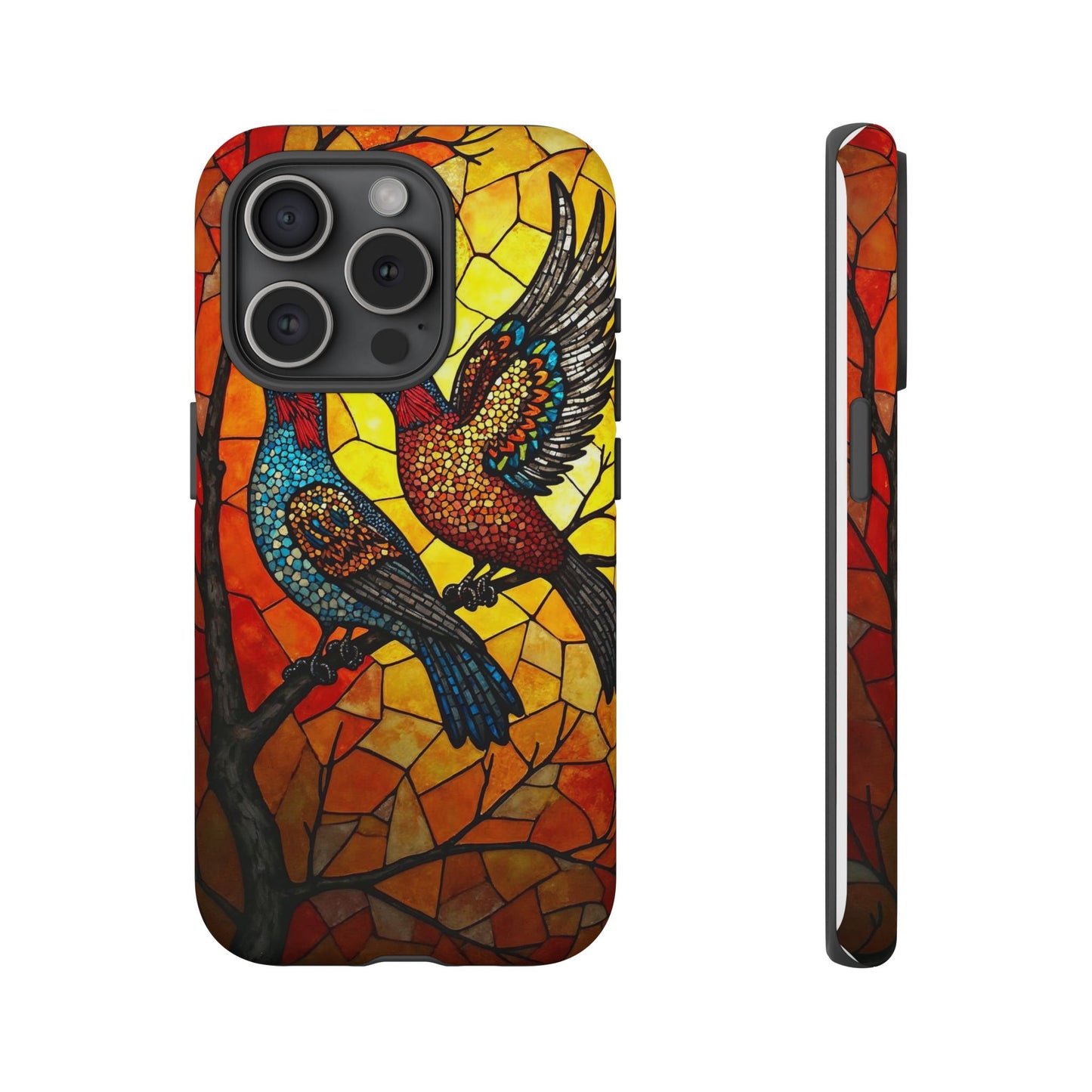 Vibrant Hummingbirds with Stained Glass Charm