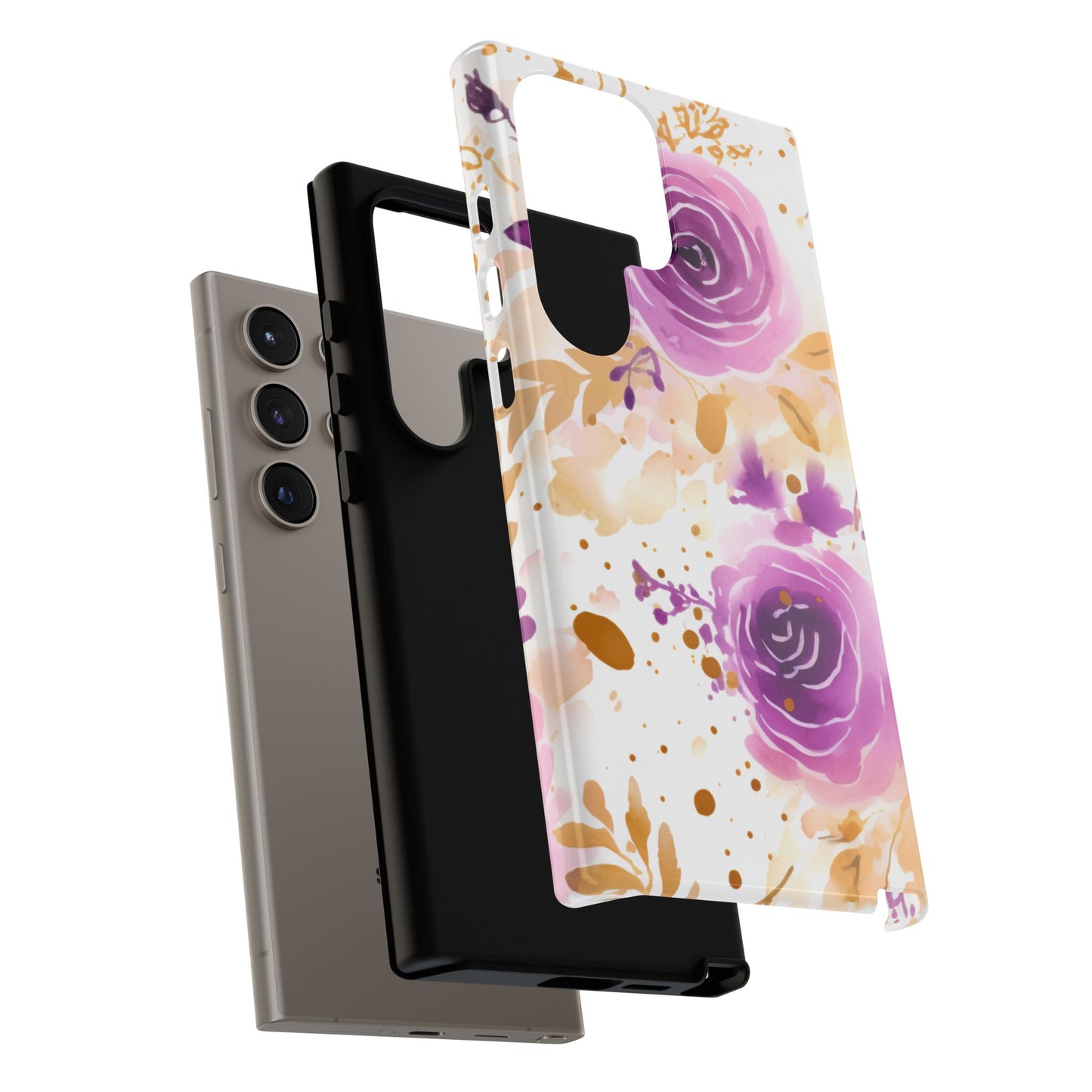 Purple Bloom Watercolor Mobile Case – Artistic Elegance in Gold & Lilac