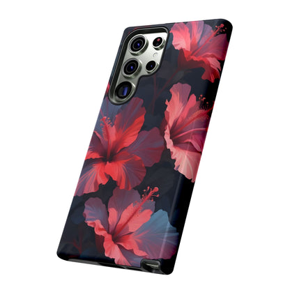 Vibrant red and pink hibiscus flowers blooming against a dark background| Floral phone case design
