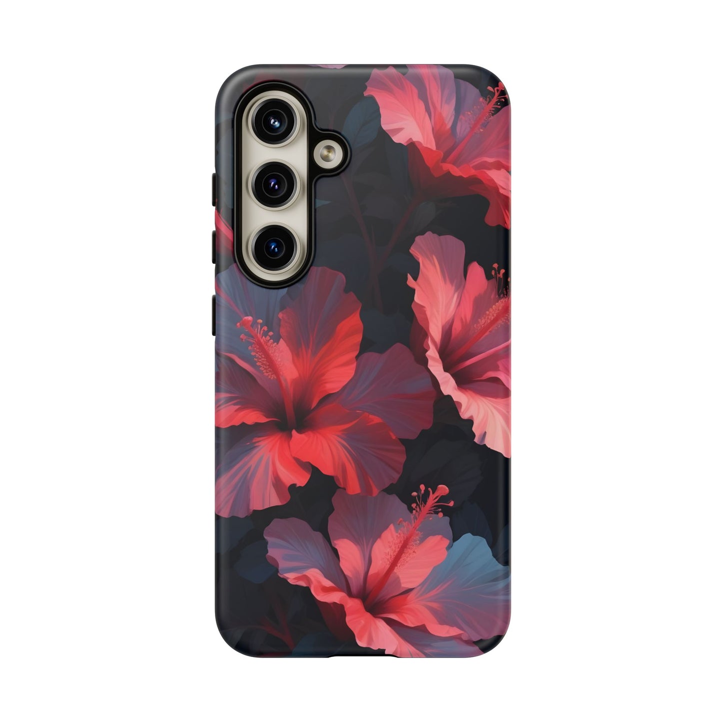 Vibrant red and pink hibiscus flowers blooming against a dark background| Floral phone case design