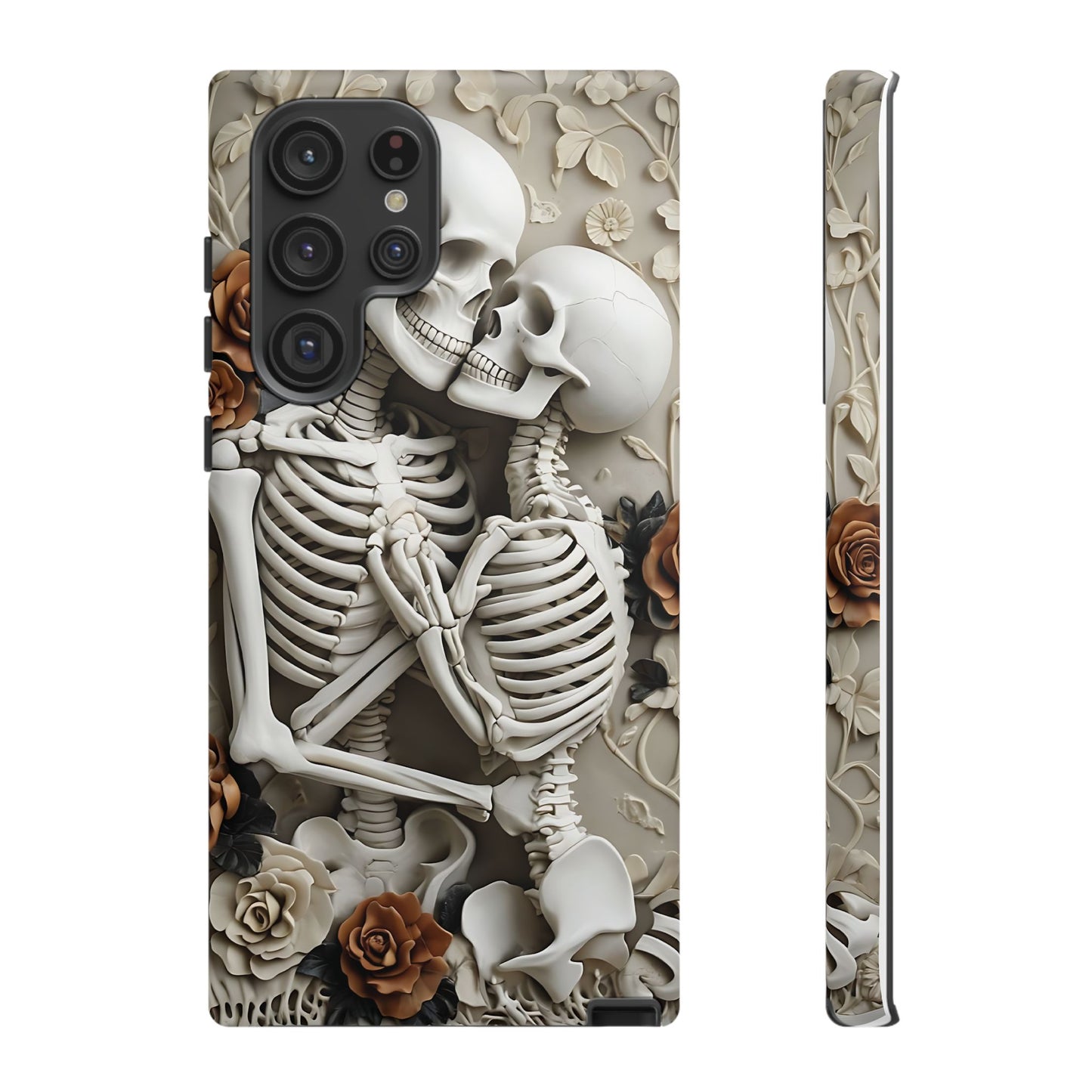 Surreal Bas-Relief Sculpture of Embracing Skeletons with Flowers phone case design.