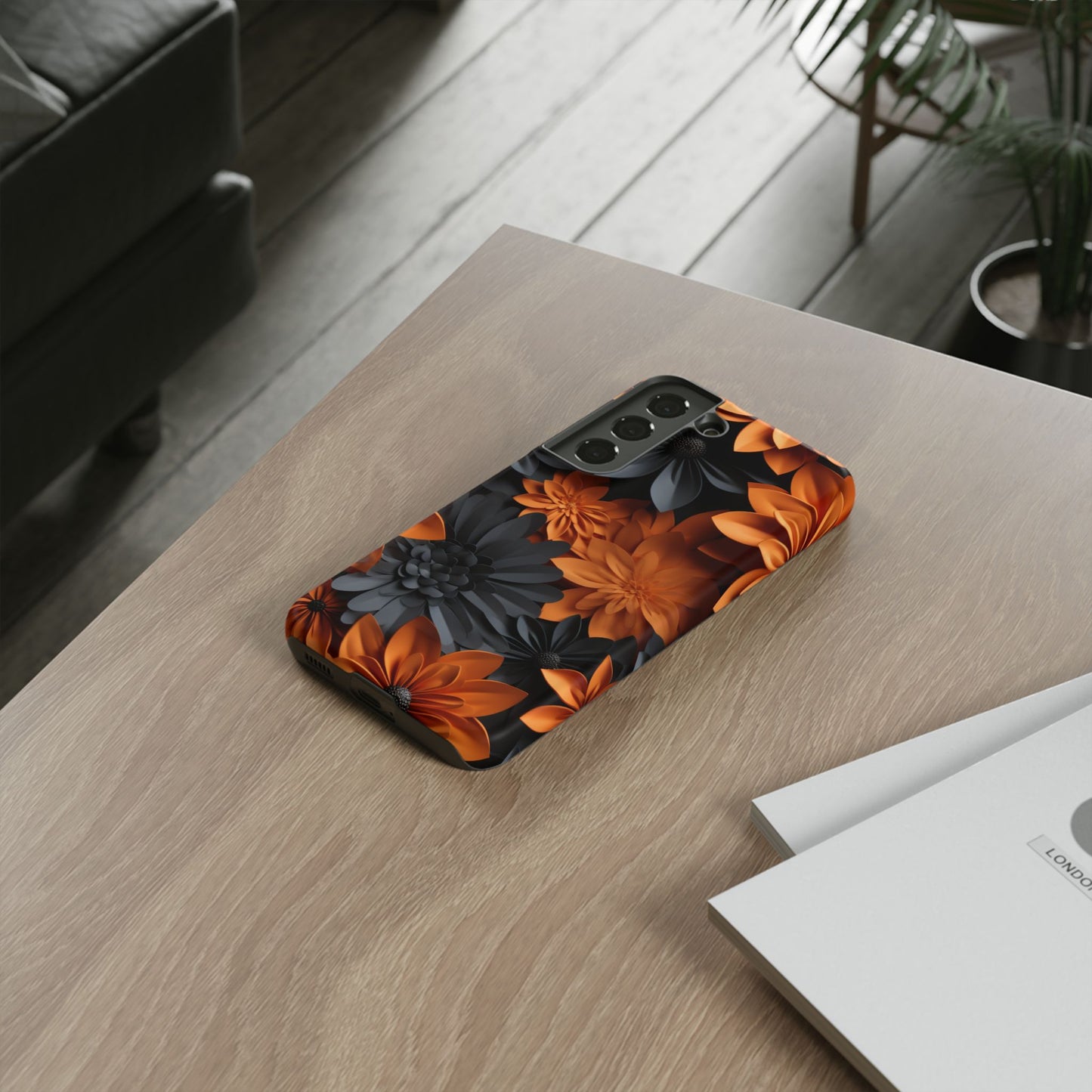 Orange & Black 3D Floral Mobile Case