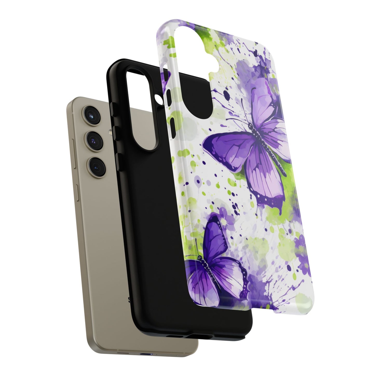 Vibrant Purple Butterfly Splash Mobile Cover – Artistic Green & Violet Aesthetic