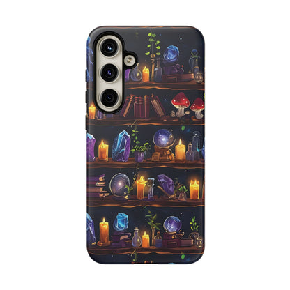 Fantasy Seamless Pattern Of Wooden Shelves Filled With Mystical Items phone case design.