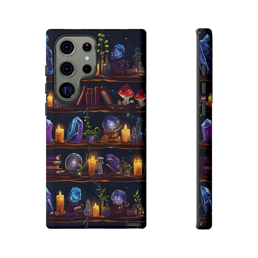 Fantasy Seamless Pattern Of Wooden Shelves Filled With Mystical Items phone case design.