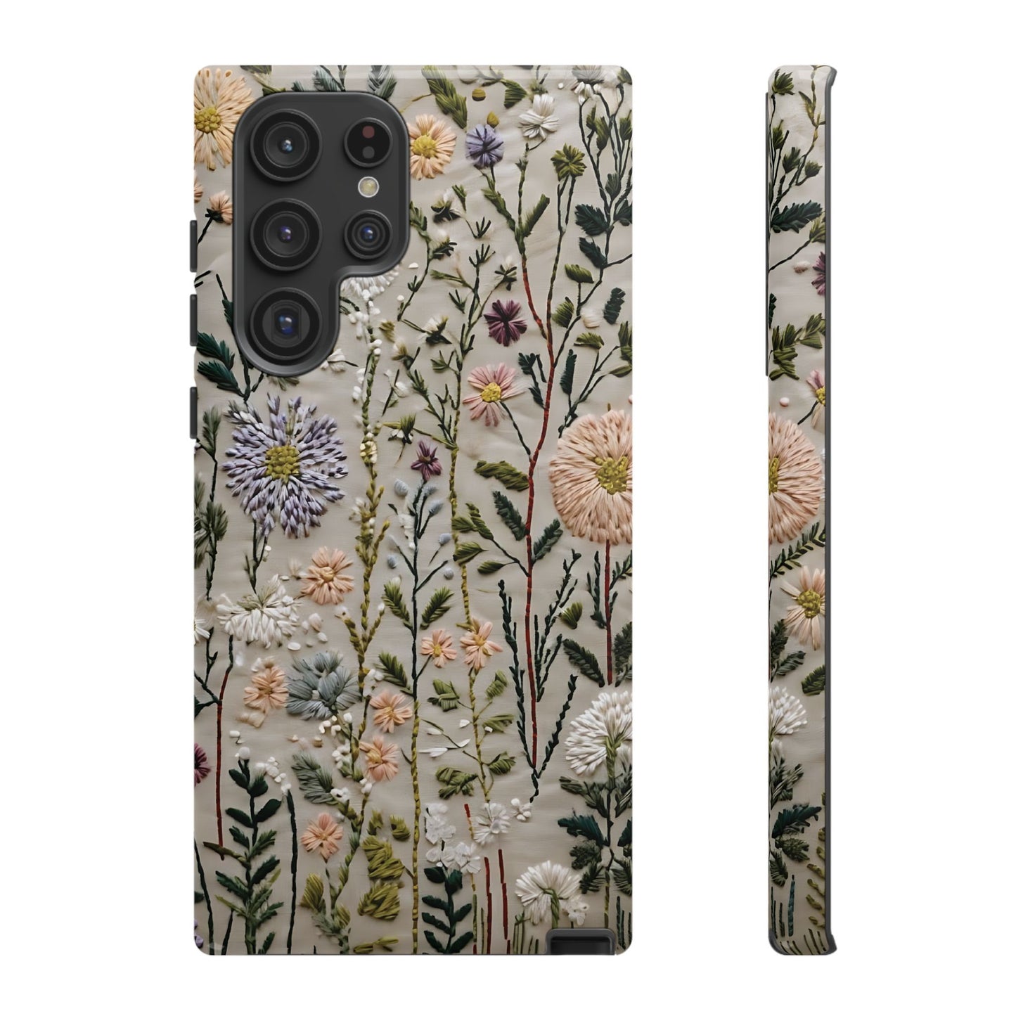 Intricate Embroidery Artwork Featuring Botanical Elements On Beige phone case design.