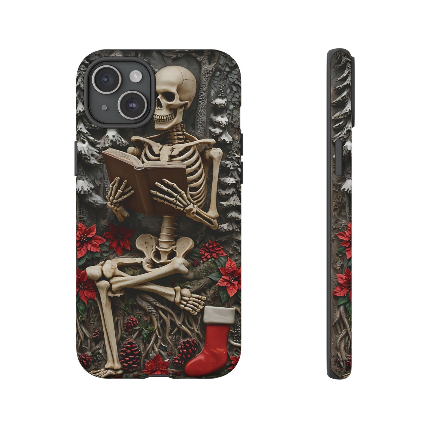 Surreal Relief Sculpture of Skeleton Reading Amidst Festive Decor phone case design