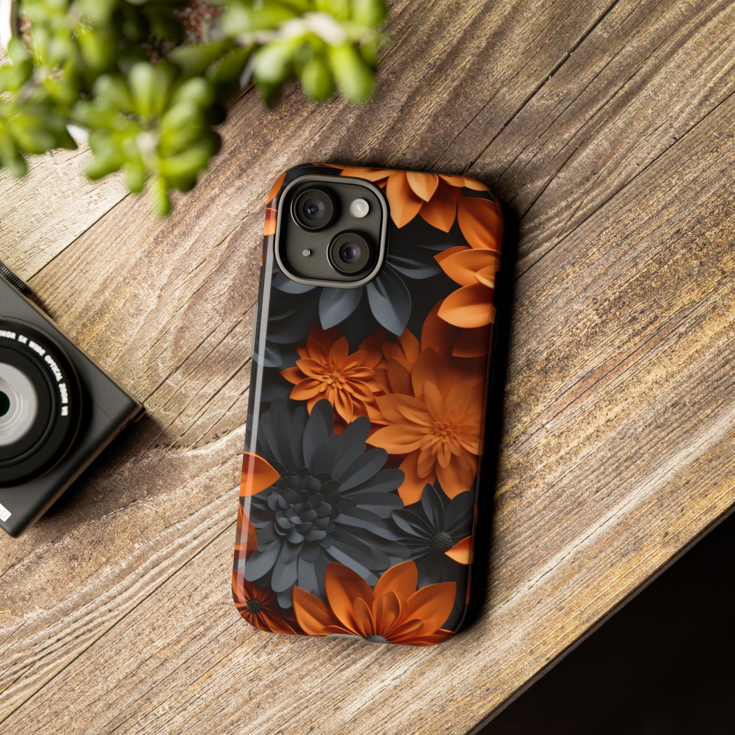 Orange & Black 3D Floral Mobile Case