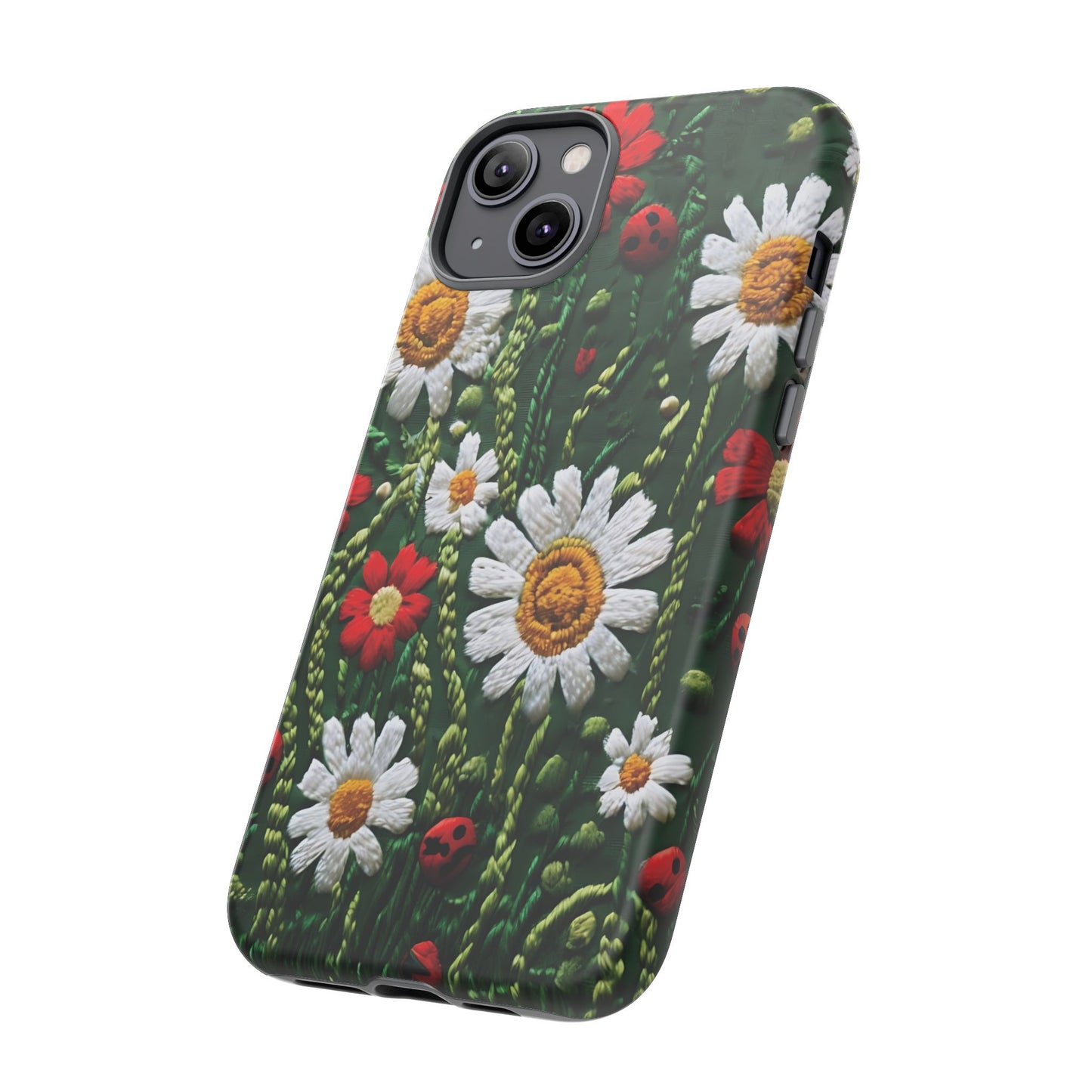 Intricate Embroidered Fabric Featuring Daisies And Ladybugs phone case design