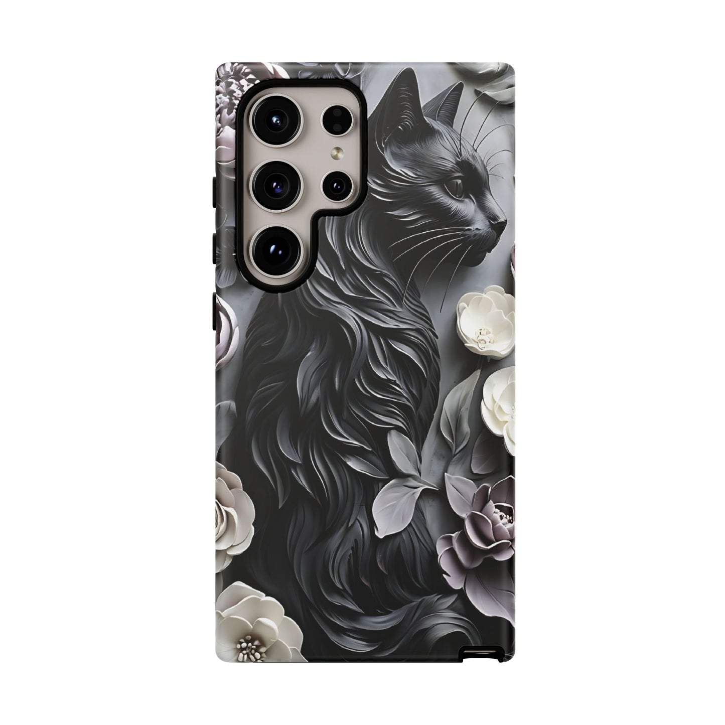 Intricate Bas-Relief Sculpture Of Black Cat Among Flowers phone case design