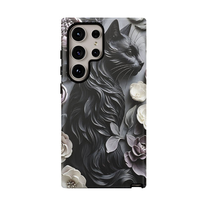 Intricate Bas-Relief Sculpture Of Black Cat Among Flowers phone case design