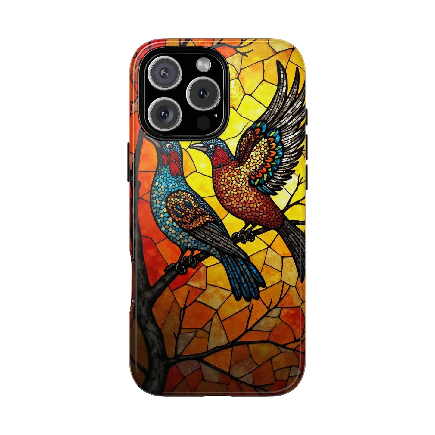 Vibrant Hummingbirds with Stained Glass Charm