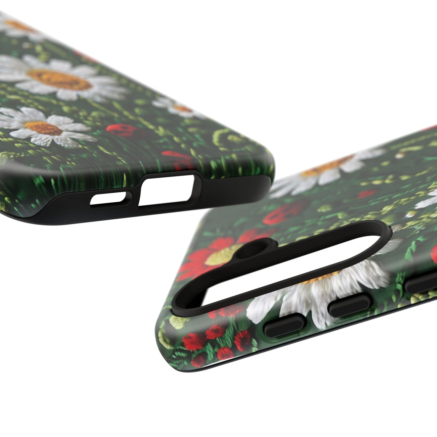 Intricate Embroidered Fabric Featuring Daisies And Ladybugs phone case design