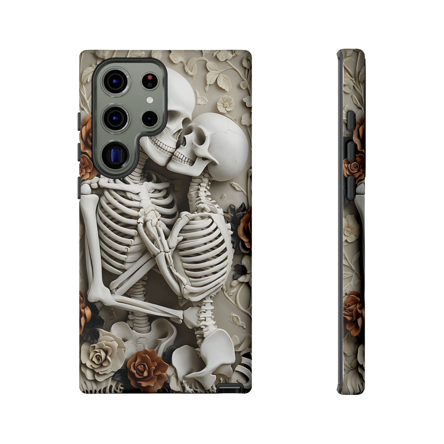 Surreal Bas-Relief Sculpture of Embracing Skeletons with Flowers phone case design.