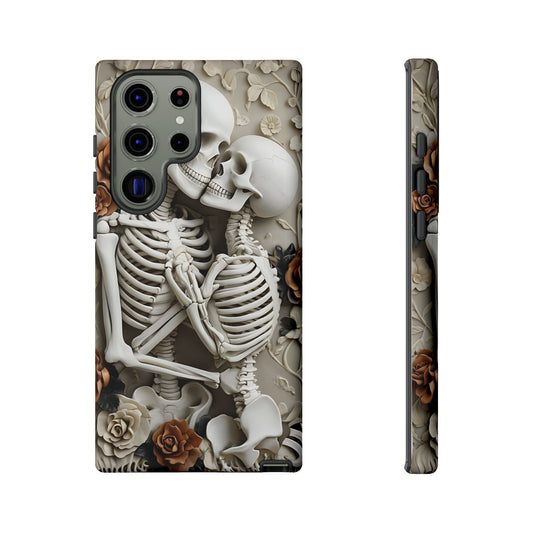 Surreal Bas-Relief Sculpture of Embracing Skeletons with Flowers phone case design.